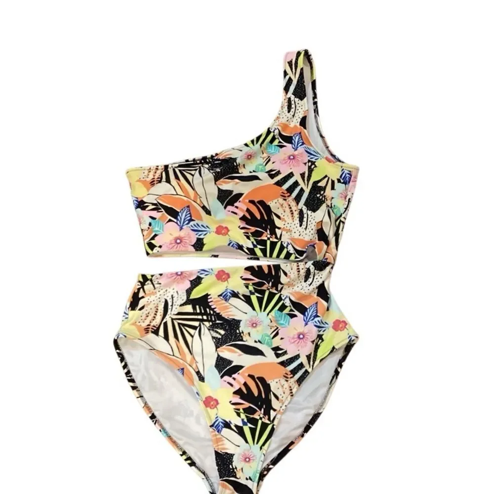 Old Navy Women’s One-Shoulder Side-Cutout One-Piece Swimsuit Floral Size M